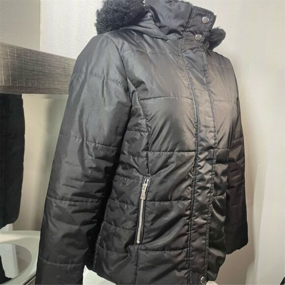 Ambiance Women's Black Puffer Jacket Faux Fur Hood Size S Winter Casual